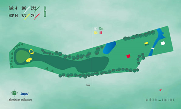 Shema igre luknje 6: par 4, 306 m, HCP 10